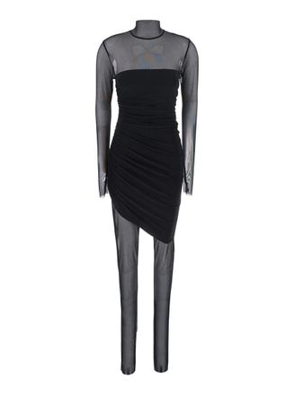 Norma Kamali Black Mini Dress With Asymmetric Hem And Mesh Sleeves In Tech Fabric Woman