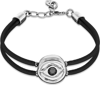 UNOde50 Black Double Leather Bracelet with Silver-Plated Eye Detail and Crystal at Nordstrom, Size Medium