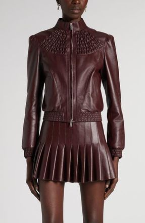 Alexander McQueen Smocked Lambskin Leather Bomber Jacket in Lacquer at Nordstrom, Size 44