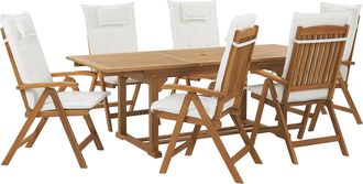 Beliani Conjunto De Comedor Para Jard&iacute;n De Madera De Acacia Ajustable Plegable 6 Plazas Cojines Blanco Y Crema Exterior Java