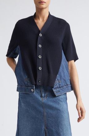 sacai Mixed Media Knit & Denim Cardigan in Navy/Blue at Nordstrom, Size 3