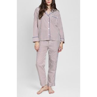 Sleepy Jones Marina Pajama Set in Burgundy Stripe at Nordstrom, Size X-Large