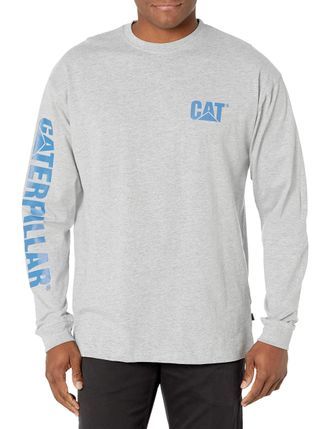 CAT Caterpillar Trademark Banner Long Sleeve Tee Shirts for Men with Center Back Neck Wire Management Loop Workwear Logo, Heather Grey/Blue, XL