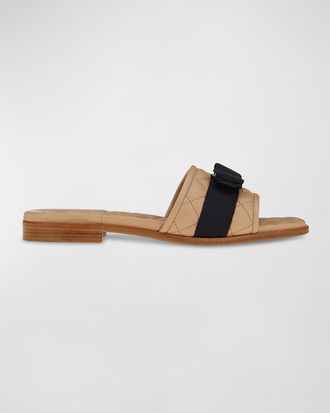 Ferragamo Quilted Leather Bow Flat Slide Sandals