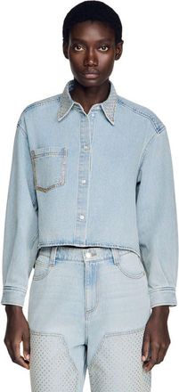 Sandro Rhinestone cropped denim shirt in Light Bu Jean at Nordstrom, Size X-Large