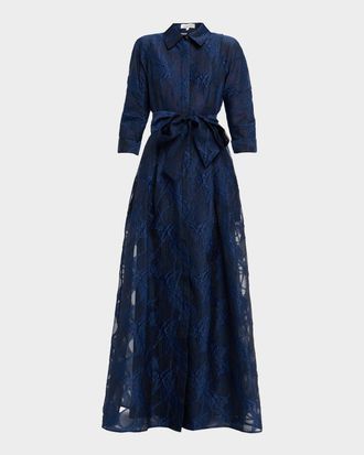 Teri Jon Tie-Waist Jacquard Organza Shirt Gown