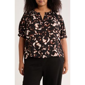 Nordstrom Rack Gathered Neck Puff Sleeve Top in Black Ivory Floral Camo at Nordstrom Rack, Size 1 X