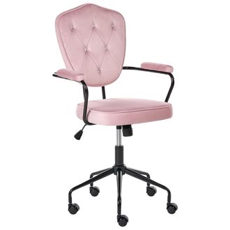 Beliani Silla De Oficina Tapizado De Terciopelo Giratoria Asiento Y Respaldo Ajustable Con Capiton&eacute; Con Cristales Rosa Pastel Velisse