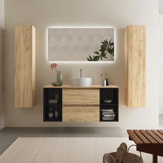 Cygnus Bath Salgar - Mueble Ba&ntilde;o Bequia 120 Cm Roble Y 2 Coquetas Laterales Negro Con Lavabo