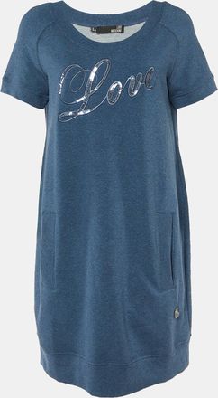 Love Moschino Blue Cotton Knit Sequin Logo Embroidered Sweater Mini Dress