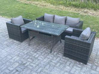 Fimous 5 Seater PE Wicker Rattan Garden Furniture Set Patio Chair Rectangular Dining Table Set in Dark Grey
