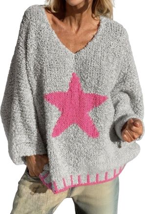 Generic Womens Casual Cute Star Print V-Neck Pullover Sweaters Fall Winter Oversized Vintage Long Sleeve Jumpers