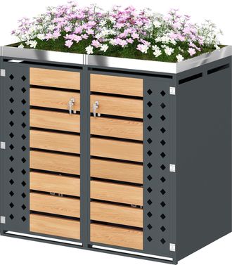STILVORA Cobertizo Para Cubos De Basura De 2 Compartimentos Con Jardinera Integrada Y Puertas Con Cerradura Acero Gris