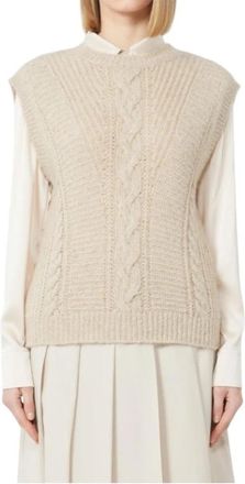 Max Mara Alpaca en Lurex Gilet - Dames - Ronde hals truien - Beige - L - Truien & Vesten