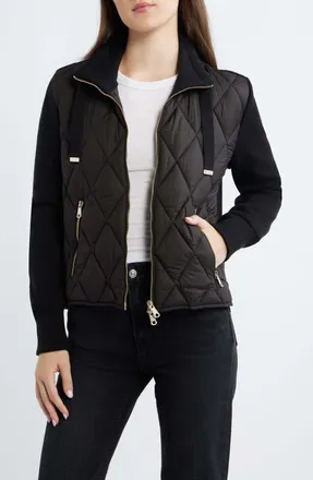 Bernardo Mixed Media Quilt Front Sweater Jacket in Black at Nordstrom, Size Xx-Large