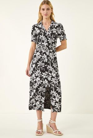 Roman Floral Shirred Collared Midi Dress