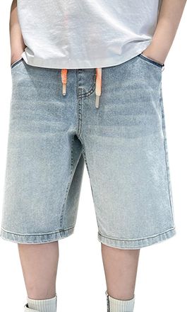 Generic Boys Denim Short Pants Knee Length Retro Drawstring Elastic Waist Jeans with Pockets for Teens Summer Shorts for Kids Straight Leg School Sports Athle