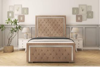 Sloomy Sofia Chrome Naples Frame-Mattress - 50 Upholstered Headboard in Light Brown | Size: Double