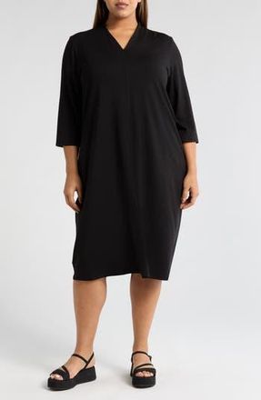 Eileen Fisher Quarter Sleeve V-Neck Midi Dress in Black at Nordstrom Rack, Size 1X