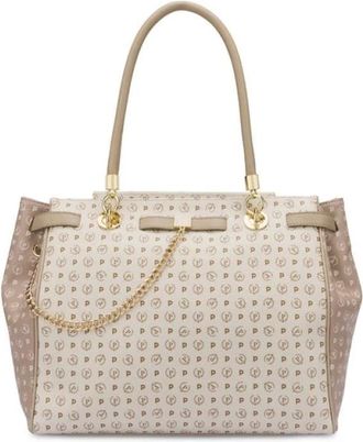 Pollini Tote Bag met dubbele hengsels en tweekleurig design - Dames - Tassen - Beige - Maat: ONE Size Leer