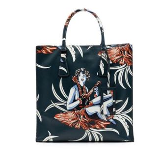 Prada Pre-owned Tote Bags, female, Green, Size: ONE SIZE Pre-owned Printed Saffiano Leather Tote Bag