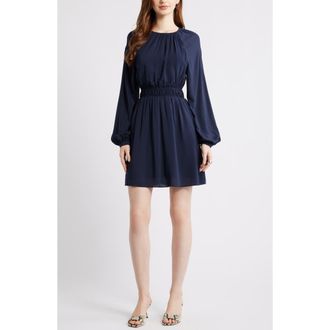 Nordstrom Shirred Waist Long Sleeve Minidress in Navy Night at Nordstrom, Size Xx-Large