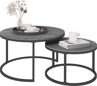 HOMCOM 2 Pcs Stacking Coffee Table Set Steel Frame Wood Effect Top Foot Pads | TJ Hughes