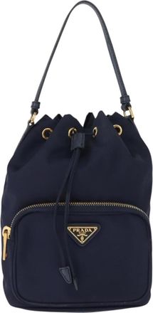 Prada Duet Drawstring Bucket Bag Tessuto Navy Nylon Handbag (Pre-Owned)