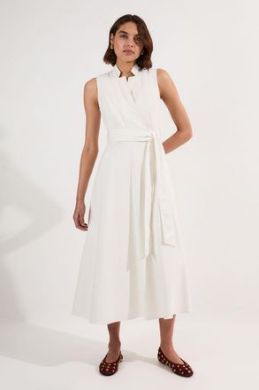 Karen Millen Womens Denim Tailored Notch Neck Belted Fluid Midi Dress - White Cotton - Size 12 UK