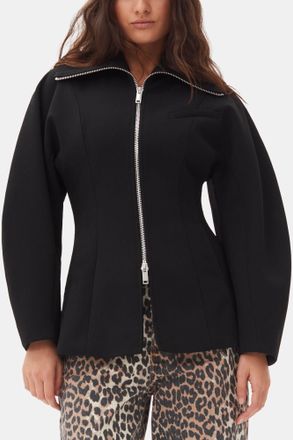Ganni Black Bonded Crepe Curve Sleeve Jacket - Size 34
