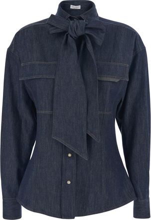 Brunello Cucinelli Blue Shirt With Bow Detail And Button Closure In Denim Woman