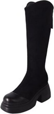 Generic Womens Knee High Boots Suede Like Fabric Round Toe Chunky Platform Heels Side Zipper Stretch Fit Solid Color Modern Stylish Design,Black,4.5 UK