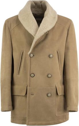 Brunello Cucinelli Cappotto alla marinara in camoscio riccio con collo a scialle - - Jackets - Uomo - Beige - L