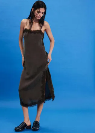 Mango Vestito sottoveste pizzo spacco laterale marrone - Donna - S - MANGO