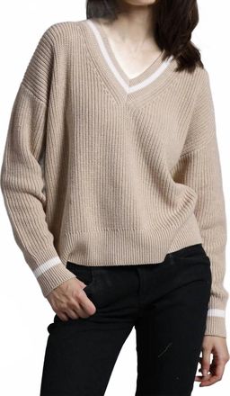 Minnie Rose Womens Cotton Cashmere Shaker Relaxed V Neck Top In Brn/w