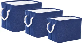 Beliani Conjunto De 3 Cestas De Poli&eacute;ster Azul Marino Blanco Algod&oacute;n Asas Cuerda Darqab
