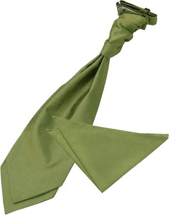 DQT Plain Shantung Wedding Scrunchie Pre-Tied Cravat & Pocket Square for Men in Olive Green