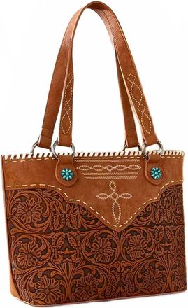 Montana West Tooled Floral Concealed Carry Tote Bag In Dark Brown