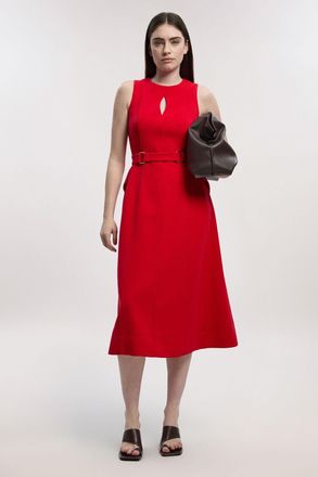 Karen Millen Womens Petite Compact Stretch Belted Seamed Full Skirted Midi Dress - Red Cotton - Size 12 UK