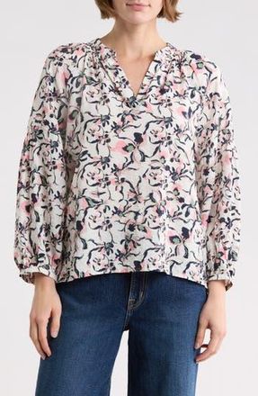 Caslon Long Sleeve Printed Popover Top in Ivory- Pink Navy Iris Floral at Nordstrom Rack, Size X-Small