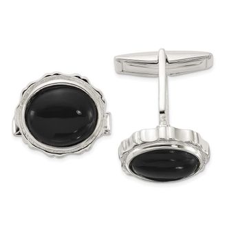 Diamond2Deal Sterling Silver Polished Round with Textured Sides Onyx Cuff Links