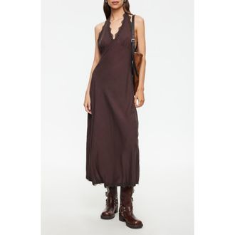 Lioness Stars Align Lace Trim Linen Blend Halter Midi Dress in Brown at Nordstrom, Size X-Large