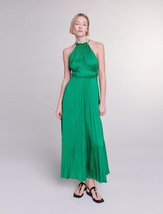 Maje Womans polyester Pleated satin maxi dress for Spring/Summer, size Woman-Dresses-US XS / FR 34, in color Green / Grey