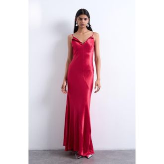 Topshop Folded Neck Satin Slip Maxi Dress in Rose Maroon at Nordstrom, Size 10 Us