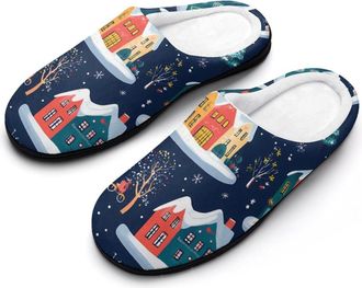 Generic Christmas Colorful Houses Cotton Slippers for Women Indoor Outdoor Slipper Slip-On Memory Foam Home Shoes
