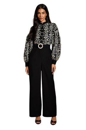 Coast Blouson Sleeve Belted Wide Leg Jumpsuit in Mono at Nordstrom, Size 14
