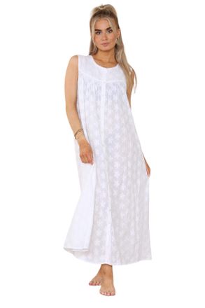 Generic Women Designer Nightdress Victorian Sleeveless Buttons 100% Cotton Embroidered White