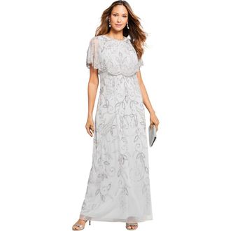 Roaman's Plus Size Beaded Capelet Maxi Gown Glam Evening Dress in Pearl Grey at Nordstrom, Size 38