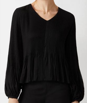 ECRU V-Neck Long Sleeve Ruched Chiffon Top In Black