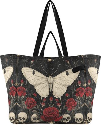 Generic Roses Skulls Black pattern Reusable Canvas Tote Bag, Heavy Duty Grocery Shopping Bag with Double Handles Hard Bottom Large Capacity Work Groceries Tra